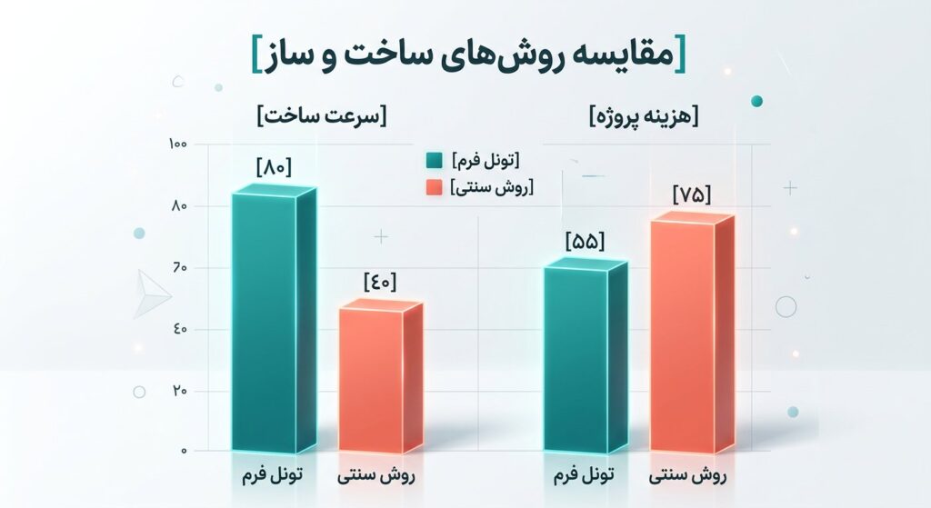 اینفوگرافیک مزایای استفاده از قالب تونلی شامل سرعت و مقاومت لرزه ای