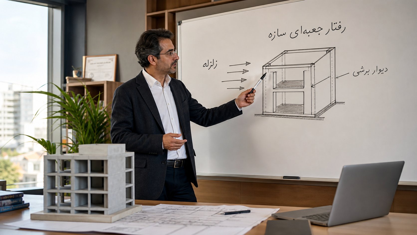 مهندس سازه در حال توضیح رفتار جعبه‌ای و دیوار برشی سازه تونلی در برابر نیروی زلزله روی وایت‌برد