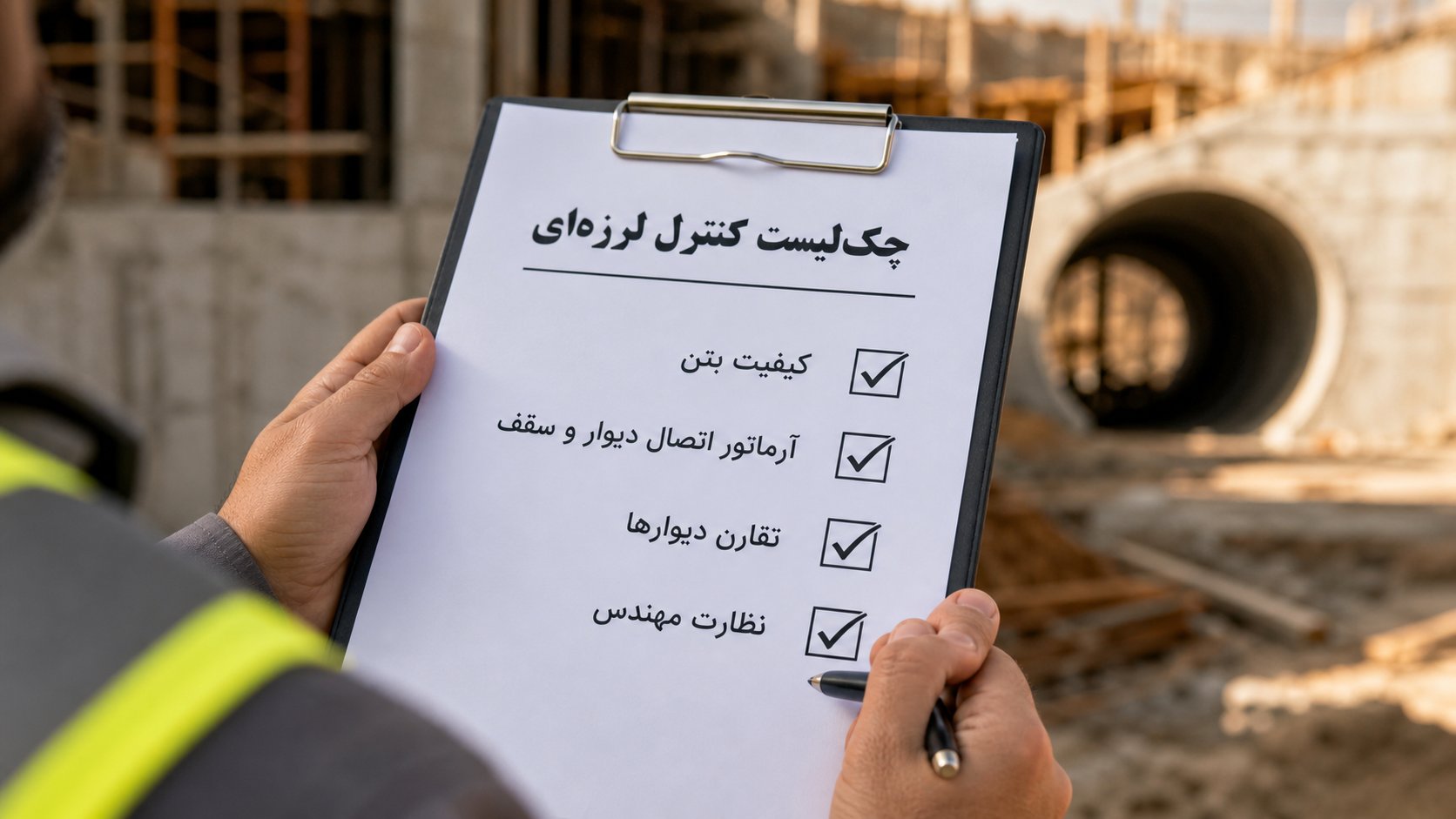چک‌لیست کنترل لرزه‌ای اجرای ساختمان تونلی شامل کیفیت بتن و آرماتور اتصال دیوار و سقف در دست مهندس