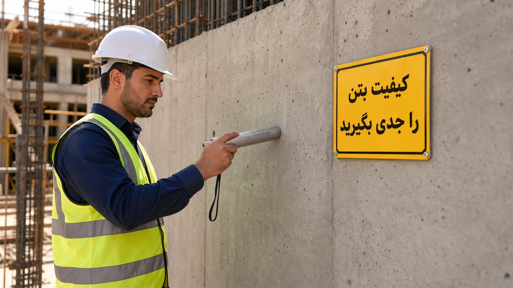 کنترل کیفیت بتن دیوار برشی یکپارچه ساختمان تونلی توسط مهندس ناظر با چکش آزمایش بتن
